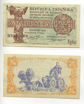 ИСПАНИЯ 1 ПЕСЕТА 1937 Pick 94 бумага aUNC 6278-1-2-2