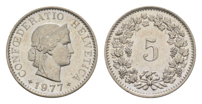 Швейцария 5 раппенов 1977 KM 26 медно-никель UNC 4611-1117