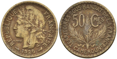 Французский Камерун 50 сантимов 1925 (а), монетный двор Париж KM 1 алюминиевая бронза 4164-1241
