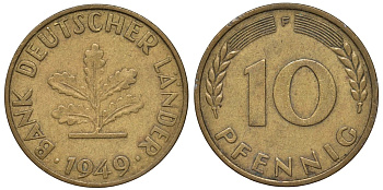 ФРГ 10 пфеннигов 1949 F KM 103, J. 378 сталь плакированная латунью 4132-514