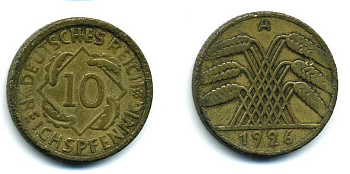 ГЕРМАНИЯ 10 РЕЙХСПФЕННИГОВ 1926 A KM 40, J. 317, Weege 9 алюминиевая бронза 56-953