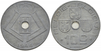 БЕЛЬГИЯ 10 САНТИМОВ 1944 BELGIE-BELGIQUE KM 126 цинк 3718-544