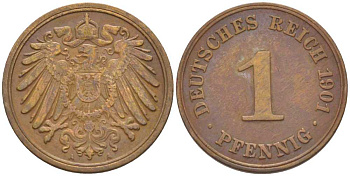 ГЕРМАНИЯ 1 ПФЕННИГ 1901 A KM 10, J. 10, Weege 2 медь 211-258