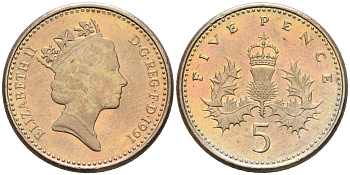 Великобритания 5 пенсов 1991 Елизавета II (1952-2022) KM 937b, Spink 4372 (D4) медно-никель 4588-566
