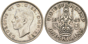 Великобритания 1 шиллинг 1942 Георг VI (1936-1952), Шотландский герб KM 854, Spink 4083 серебро 4126-351