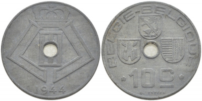 БЕЛЬГИЯ 10 САНТИМОВ 1944 BELGIE-BELGIQUE KM 126 цинк 3718-544