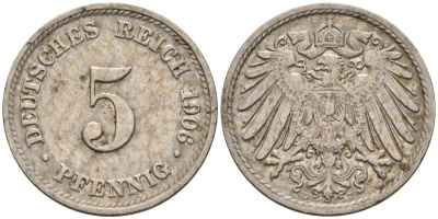 Германия 5 пфеннигов 1906 D KM 11, J. 12 медно-никель 4151-453