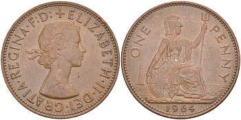 Великобритания 1 пенни 1964 Елизавета II (1952-2022) KM 897, Spink 4157 бронза 3855-946