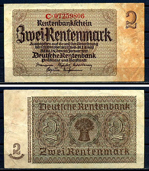 Германия 2 рентенмарки 1937 Pick 174 b бумага 8621-47-2-2