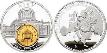 НИДЕРЛАНДЫ МЕДАЛЬ ND МОНЕТА НА МЕДАЛИ, СЕРИЯ ДОЕВРОВЫЕ ЕВРОПЕЙСКИЕ МОНЕТЫ, ИРЛАНДИЯ, АНГЛИЯ 1 ПЕННИ 1971, ЕЛИЗАВЕТА II, ДУБЛИН ЧЕТЫРЕ СУДА, ДИАМЕТР 50 ММ. серебрение PROOF 1069-4-13