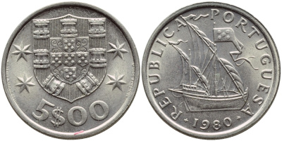 ПОРТУГАЛИЯ 5 ЭСКУДО 1980 ПАРУСНИК KM 591 медно-никель 4395-914
