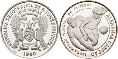 Сан-Томе и Принсипи 1000 добра 1990 чемпионат мира по футболу в Германии, два игрока KM 48 серебро PROOF 04-138-11