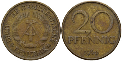 ГДР 20 пфеннигов 1969 A, первый год KM 11 латунь 92-737