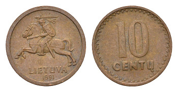 Литва 10 центов (сентов) 1991 год-тип KM 88 бронза 4689-1054