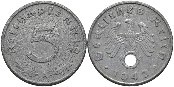 Германия 5 рейхспфеннигов 1942 A, монетный двор Берлин KM 100, J. 370 цинк 186-756