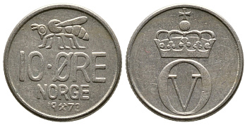 Норвегия 10 эре 1973 пчела, Улаф V (1958-1991) KM 411 медно-никель 220-465