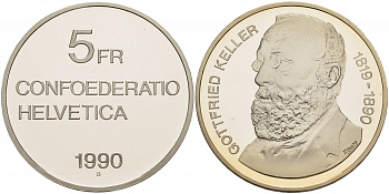 ШВЕЙЦАРИЯ 5 ФРАНКОВ 1990 ГОТФРИД КЕЛЛЕР KM 69 медно-никель PROOF 1087-3-43