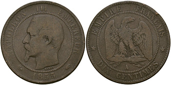Франция 10 сантимов 1855 A- Париж, Наполеон III (1852 - 1870) KM 771 бронза 4168-542