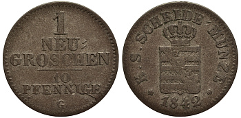 Саксония 1 новый грош - 10 пфеннигов 1842 Фридрих Август II (1797-1854) KM 1159, J. 82 серебро 1517-612