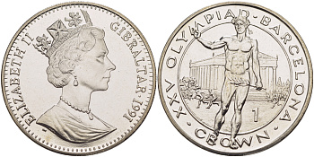 Гибралтар 1 крона 1991 XXV Олимпийские игры 1992 года в Барселоне, олимпийский победитель KM 73 медно-никель UNC 1084-8-52