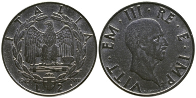 Италия 2 лиры 1940 R, VIII год, Виктор Эммануил III (1900-1946), не магнитная KM 78а нержавеющая сталь 4680-413