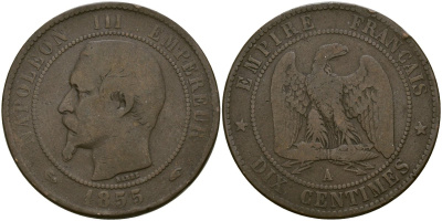Франция 10 сантимов 1855 A, Наполеон III (1852-1870) KM 771.1, Le Franc 133,19 бронза 4168-542