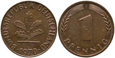 ФРГ 1 ПФЕННИГ 1970 J KM 105, J.380 сталь плакированная медью 96-1063