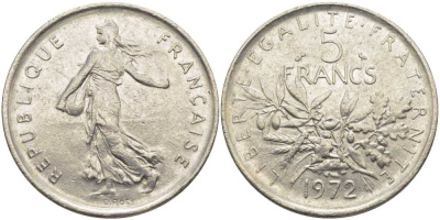 ФРАНЦИЯ 5 ФРАНКОВ 1972 СЕЯТЕЛЬ KM 926а.1, LE FRANC 341.4 медно-никель плакированный никелем 111-1141