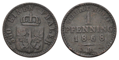 Пруссия 1 пфенниг 1868 B KM 480 медь 4682-927