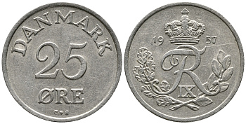 ДАНИЯ 25 ЭРЕ 1957 C; S, ФРЕДЕРИК IX (1947-1972) KM 842.2 медно-никель 28-1122