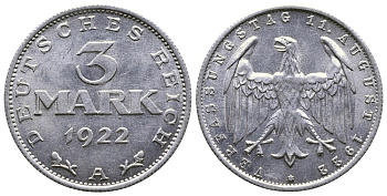 Германия 3 марки 1922 А, третья годовщина Веймарской Конституции KM 29, J. 303 алюминий 4380-734