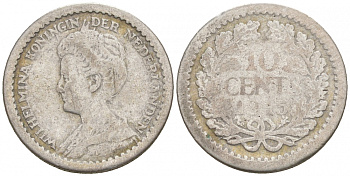 НИДЕРЛАНДЫ 10 ЦЕНТОВ 1915 ВИЛЬГЕЛЬМИНА KM 145 серебро 44-1018