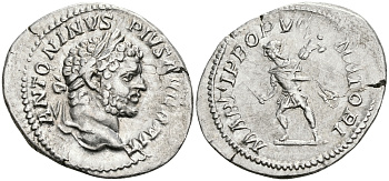 Римская Империя денарий 210 - 213 Каракалла MARTI PROPVGNATORI Марс с трофеем Рим Good Very fine RIC 223 серебро 1073-4-103