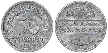 Германия 50 пфеннигов 1920 F KM 27, J. 301 алюминий 4163-813
