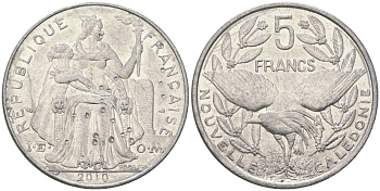 Французская Новая Каледония 5 франков 2010 птица кагу, (IEOM) KM 16, Schoen 12, Lec 81k алюминий 4111-731