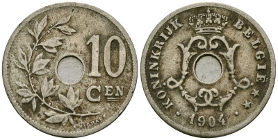 Бельгия 10 сантимов 1904 Belgie KM 53 медно-никель 4172-1155
