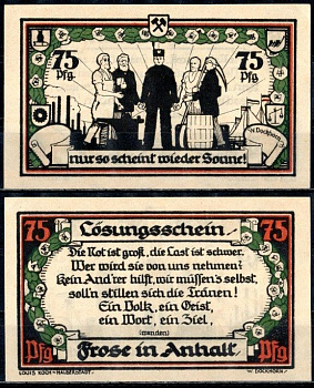 Фрозе (Анхальт) 75 пфеннигов 1921 Mehl Grabowski 398.5 бумага UNC (пресс) 7555-19-3-2