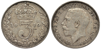Великобритания 3 пенса 1919 Георг V (1910-1936) KM 813, Spink 4015 серебро 4528-517
