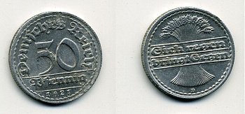 ГЕРМАНИЯ 50 ПФЕННИГОВ 1921 D KM 27, J. 301 алюминий 41-824
