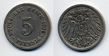 ГЕРМАНИЯ 5 ПФЕННИГОВ 1906 A, KM 11, J. 12 медно-никель 76-221