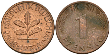 ФРГ 1 пфенниг 1978 F KM 105, J. 380 сталь плакированная медью    4598-558