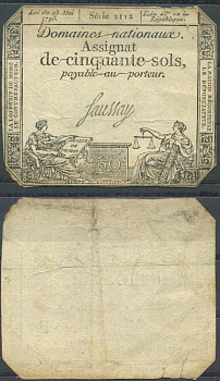 Франция 50 солей 1793 Pick A70 бумага 6285-24-3-2