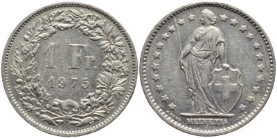 ШВЕЙЦАРИЯ 1 ФРАНК 1975 KM 24а.1 медно-никель 4397-444