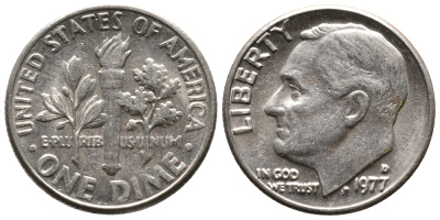 США 10 ЦЕНТОВ = 1 ДАЙМ 1977 D, РУЗВЕЛЬТ KM 195а медь плакированная медно-никелем 73-1538