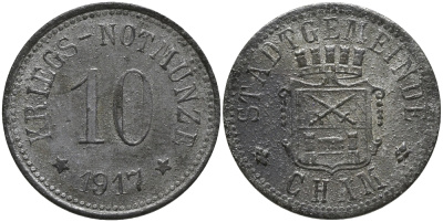 ХАМ 10 ПФЕННИГОВ 1917 НОТГЕЛЬД, РАЙОННЫЕ ДЕНЬГИ, ВОЙНА, ЗЕМЛЯ БАВАРИЯ цинк 4387-1018