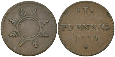 Франкфурт 1 пфенниг (юденпфенниг) 1819 KM Tn7, JuF 1999 медь 4547-347