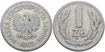 ПОЛЬША 1 ЗЛОТЫЙ 1965 MW KM 49.1 алюминий 4448-252