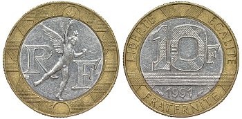 Франция 10 франков 1991 тип Гений Бастилии KM 964.1, Le Frank 375.6 биметалл 45-826