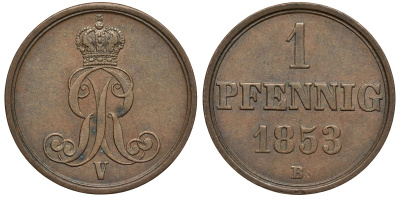 Ганновер 1 пфенниг 1853 B, Георг V KM 221, AKS 155, J. 83 медь 4594-167