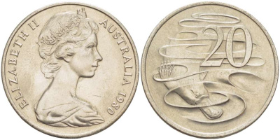 АВСТРАЛИЯ 20 ЦЕНТОВ 1980 ЕЛИЗАВЕТА II (1953-), УТКОНОС KM 66 медно-никель 4521-135